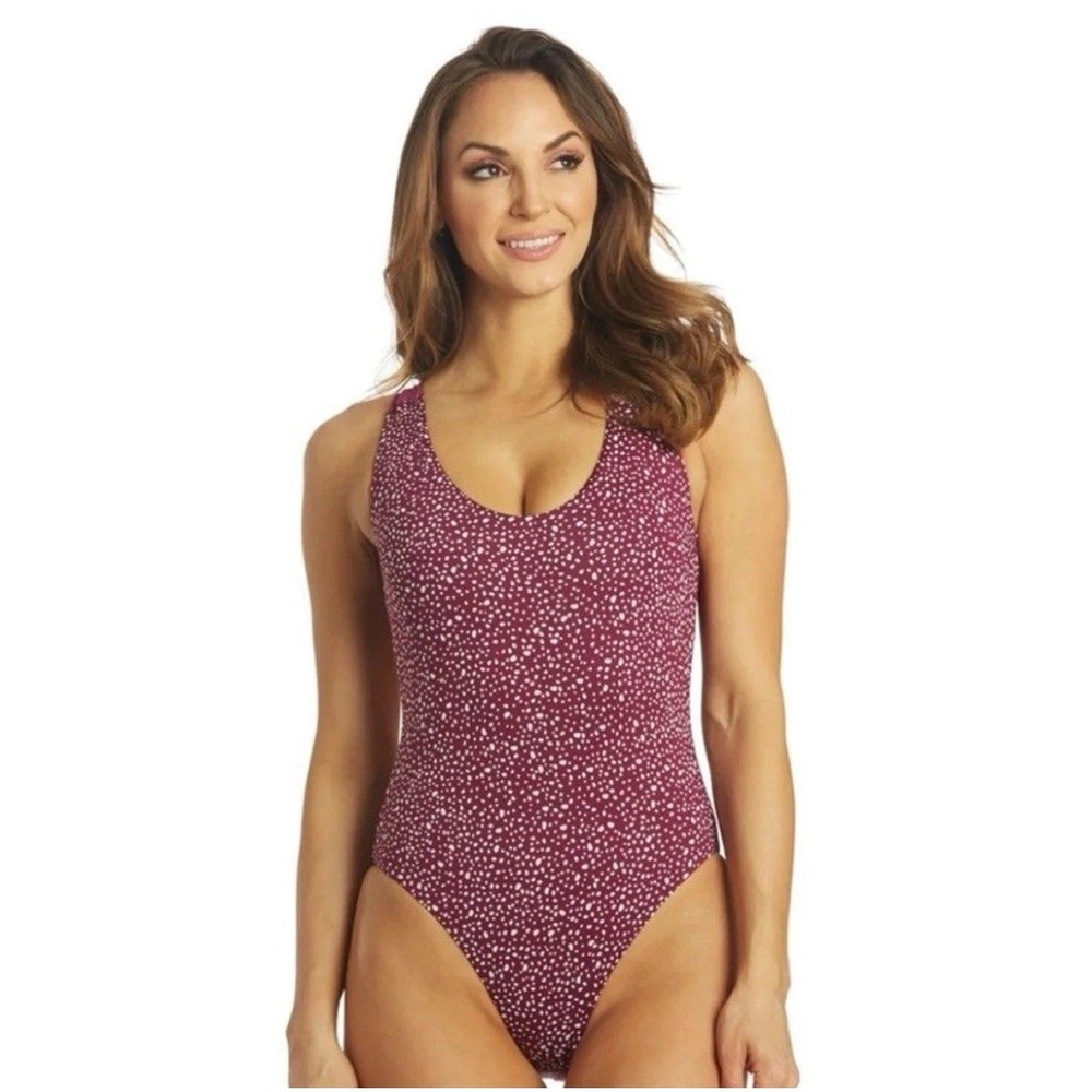 Nike Swimsuit Womens L One Piece Back Zip Burgundy Polka Dots Bathing Suit New